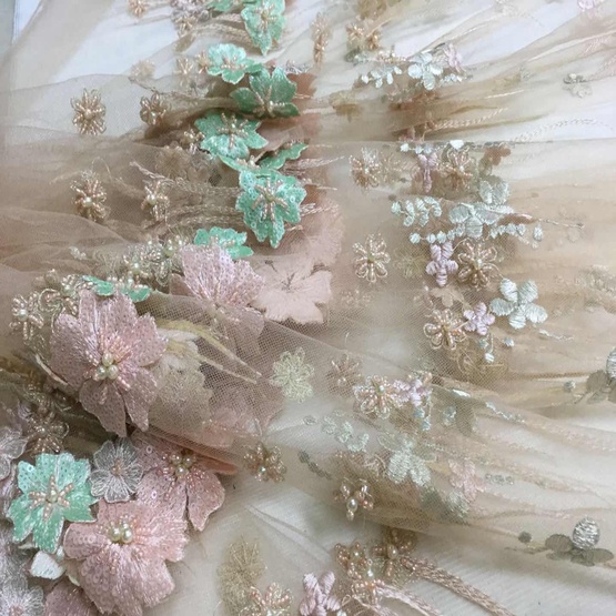 Pink Green Beaded Embroidery Netting Fabric