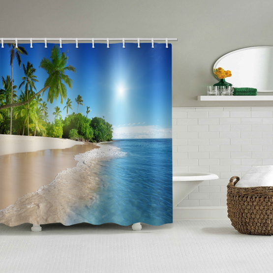 Sea Wave Beach Waterproof Shower Curtain Coconut Tree Tropical Bathroom Decor