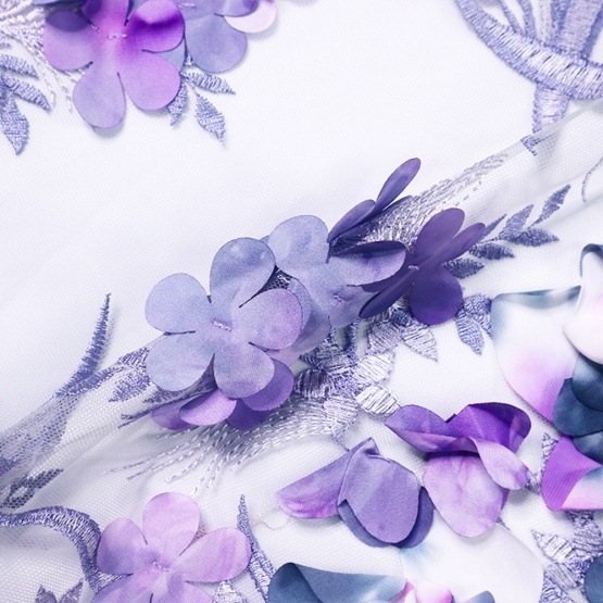 Purple Flower 3D Embroidery Lace Mesh Fabric