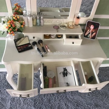 Vanity Set Tri-Folding Mirror Vanity Dressing Stool 5 Drawers Bedroom Makeup Vanity Table Set Ivory White