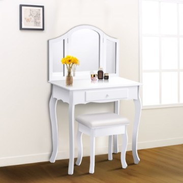 White Tri Folding Mirror Vanity Makeup Table Set bathroom with Stool & Drawers