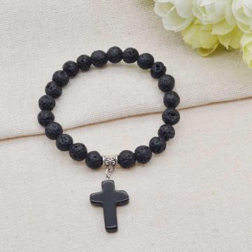 Natural Lava Stone Chakra Gemstone 8MM Round Beads Charms Bracelet with Cross
