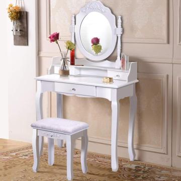 Round Mirror 3 Drawers Vanity Wood Makeup Dressing Table Stool Set