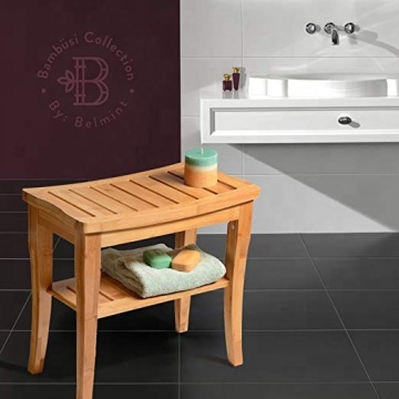 Bamboo Shower Seat Bench with Shelf - Wooden Bathroom Seat Stool | Spa Chair for Indoor or Outdoor Use