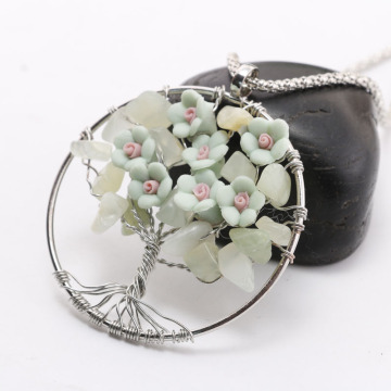 Flowers Ornament Tree of Life Stone Pendant Necklace