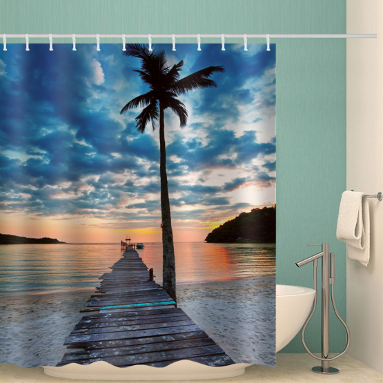 Tropical Style Waterproof Shower Curtain Beach Coconut Tree Wooden Bridge Nature Bathroom Decor