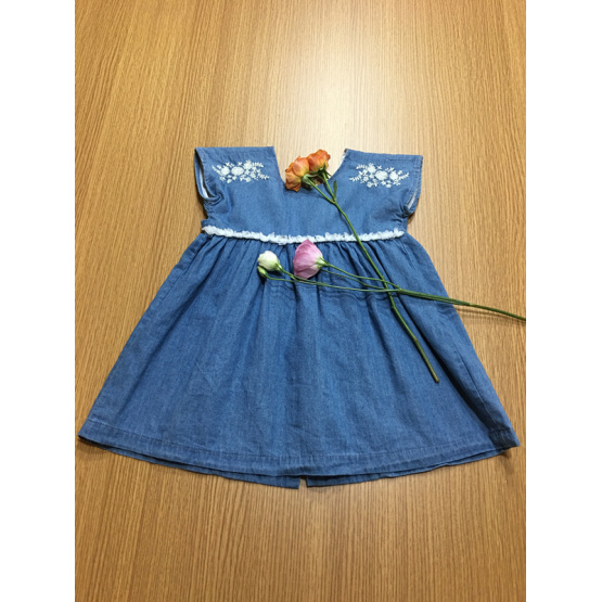 blue denim embroidery lace casual girls dress