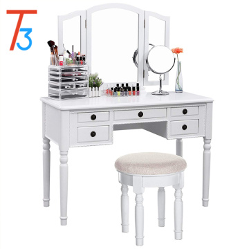 White Vanity Set Tri-folding Mirror Make-up Dressing Table Stool 5 Drawers