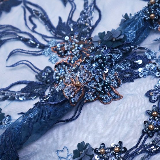 Dark Blue Beaded Floral Embroidery Fabric