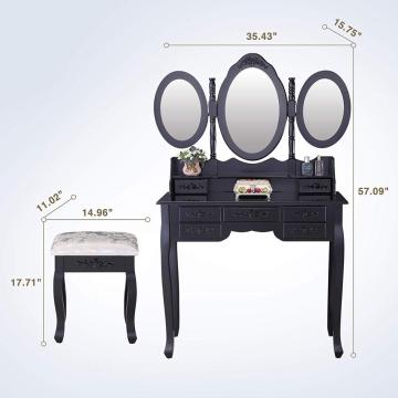 Black Tri Folding Mirror Vanity Dressing Table with 7 Drawers/Stool Makeup Dresser with Mirror Wooden Dressing Table Designs