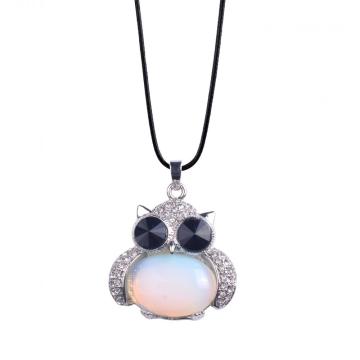 Charm Jewelry 925 Sterling Silver Cabochon Alloy Owl Pendant Necklace Opalite Stone Pendulum