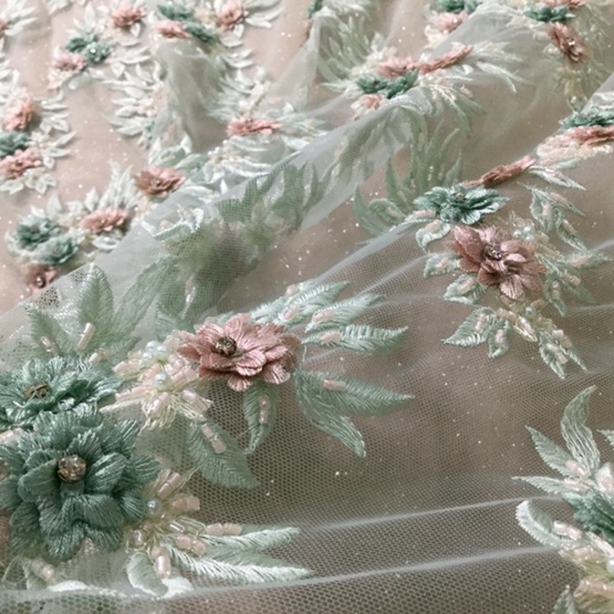 Light Green 3D StoneTulle Embroidery Fabric