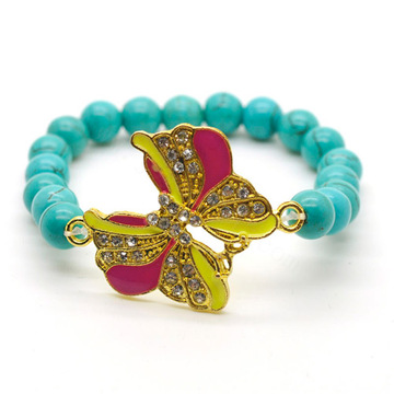 Turquoise 8MM Round Beads Stretch Gemstone Bracelet with Diamante alloy Butterfly Piece