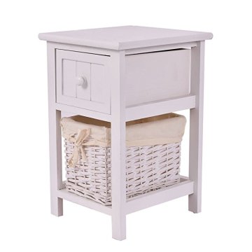 White Nightstand End Side Table Bedroom Home Storage Furniture with 1 Wicker Basket