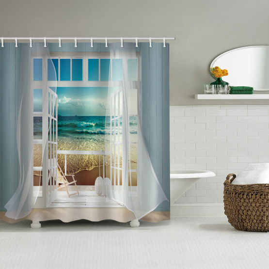 Window Beach Sea Wave Flowing Curtain Waterproof Shower Curtain Bathroom Decor