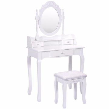 Bathroom 3 Drawers Round Mirror Vanity Wood Makeup Dressing Table Stool Set make up table