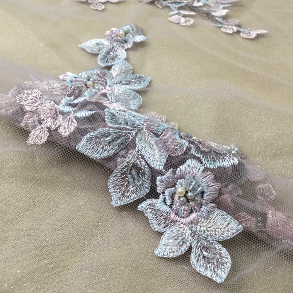 Blue Pink Flower Polyester Mesh Handmade Flower Fabric