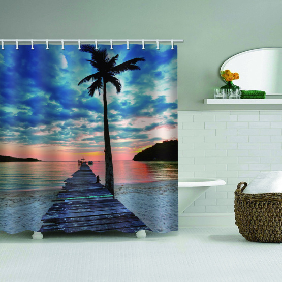 Tropical Style Waterproof Shower Curtain Beach Coconut Tree Wooden Bridge Nature Bathroom Decor