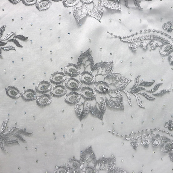 Grey Heavy Beaded Nigeria lace Fabric