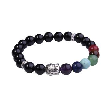 Black Onyx Bracelet Buddha 7 Chakra Gemstone Alloy Beads Jewelry
