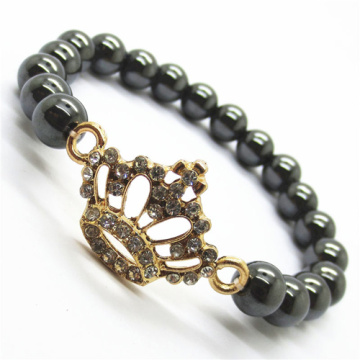 Hematite 8MM Round Beads Stretch Gemstone Bracelet with Diamante alloy imperial crown Piece