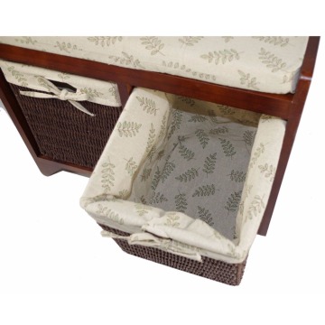 Wicker Basket Drawers Solid Wood Linen Fabric Covered Hall Storage Bench Seat