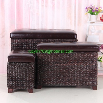 Foot Stool Storage Ottoman Bench 3 Piece Leather Cube Storage Stool Rattan Bulrush Upholstery Weave Frames Seating,