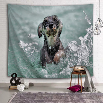 Dog Playing with Water Tapestry Schnauzer Animal Wall Hanging 3D Print Wall Tapestry for Kids Livingroom Bedroom Home Dorm Decor