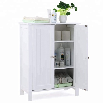 White Bathroom Floor Storage Cabinet with Double Door Adjustable Shelf