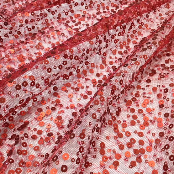 Shiny Red Sequin Lace Embroidery Fabric