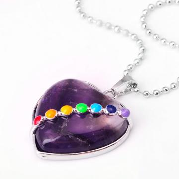 Seven Chakras Gemstone Amethyst Heart Pendant Necklace