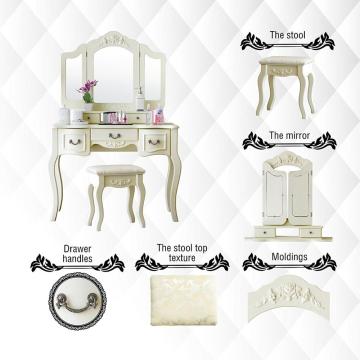 White French style 3 mirrors wooden dressing table 5 drawers