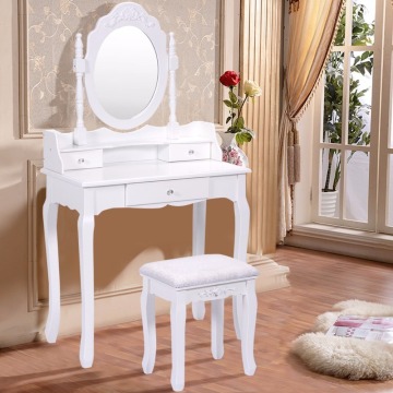 Bathroom Vanity Wood Makeup Dressing Table Stool Set with Mirror Round Mirror 3 Drawers