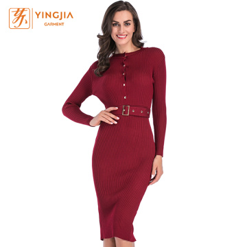 Women Knitted Dresses with Belt and Metal Buttons