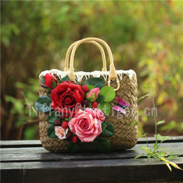 Beautiful colourful flowers straw beach bag