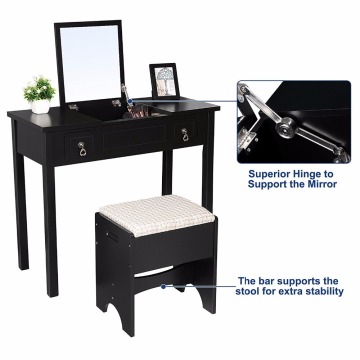 Vanity Set with Flip Top Mirror Cushioned Stool Makeup Dressing Table 2 Drawers 3 Removable Organizers