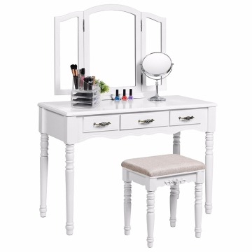 Vanity Table Set with Tri-folding Mirror Makeup Dressing Table Cushioned Stool 3 Drawers