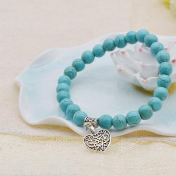 Natural Turquoise Chakra Gemstone 8MM Round Beads Charms Bracelet with Heart Alloy