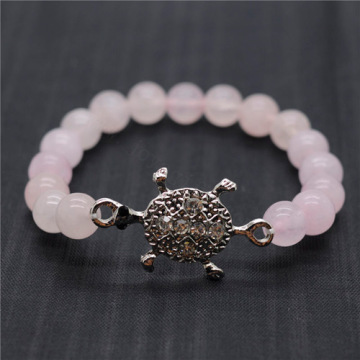 Rose Quartz 8MM Round Beads Stretch Gemstone Bracelet with Diamante alloy tortoise Piece