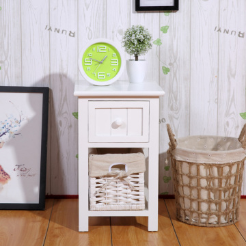Modern Bedside Table White Night Stand Wooden Cabinet Storage Organizer With Drawer Basket