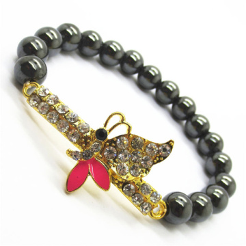 Hematite 8MM Round Beads Stretch Gemstone Bracelet with Diamante Dragonefly Piece