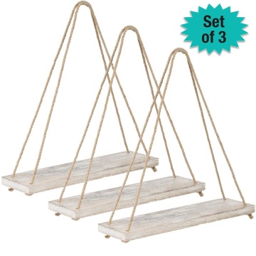 Rustic Distressed Wood Hanging Shelves 17-Inch Swing Rope Floating Shelves