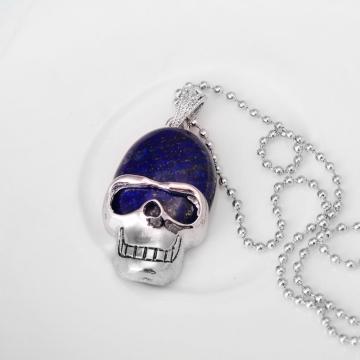 Lapis Lazuli Skull Gemstone Pendant Necklace with Silver chain