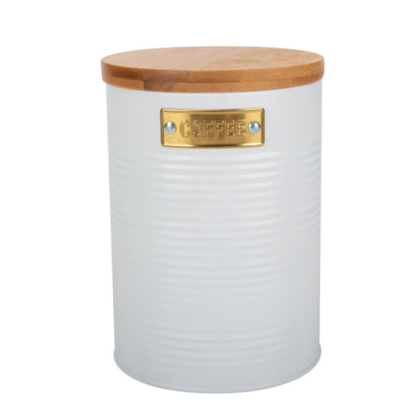 White kitchen metal canister bamboo lid