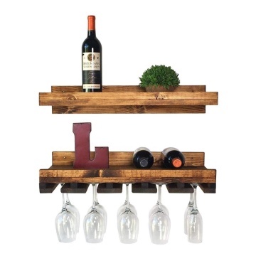 Wood  Floating Wine Shelf and Glass Rack Set