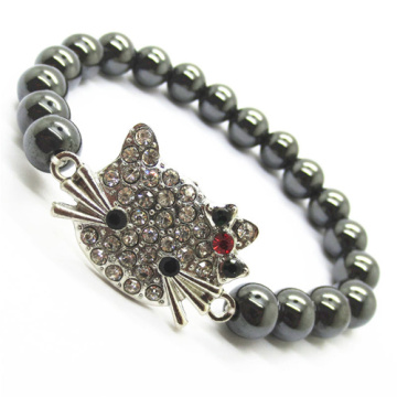 Hematite 8MM Round Beads Stretch Gemstone Bracelet with Diamante alloy cat head Piece